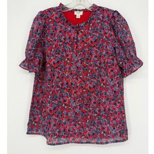 J.Crew Floral Blouse Womens S Red Blue Excellent Ruffle Neck Puff Sleeve Top